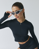 Solid Slim Hood Zip-Up Top | Black