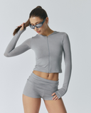 Solid Slim Hood Zip-Up Top | Sliver