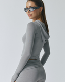 Solid Slim Hood Zip-Up Top | Sliver