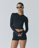Solid Slim Hood Zip-Up Top | Black