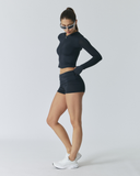Solid Slim Hood Zip-Up Top | Black